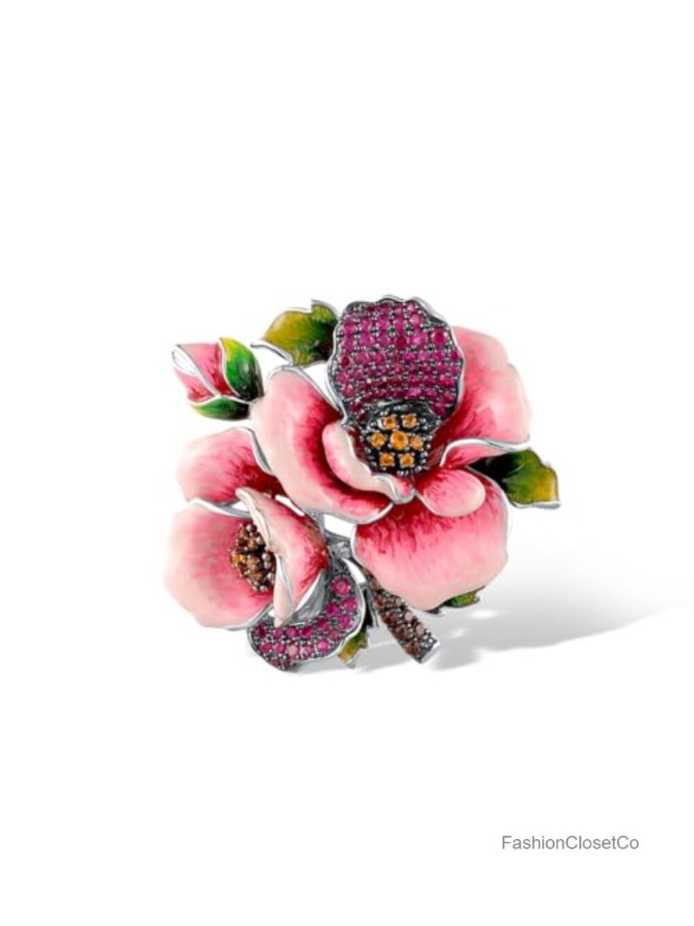 925 Sterling Silver Enamel Rose Brooch Pin Handmade Women's Jewelry